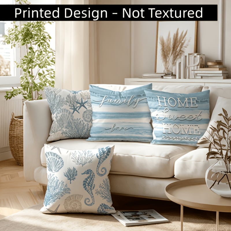 TEMU Printed Design - Non-textured 4pcs , Seahorse, Starfish, Seashell, Conch Shell, And Text Patterned Pillowcase, Double-sided Printed (17.72 X