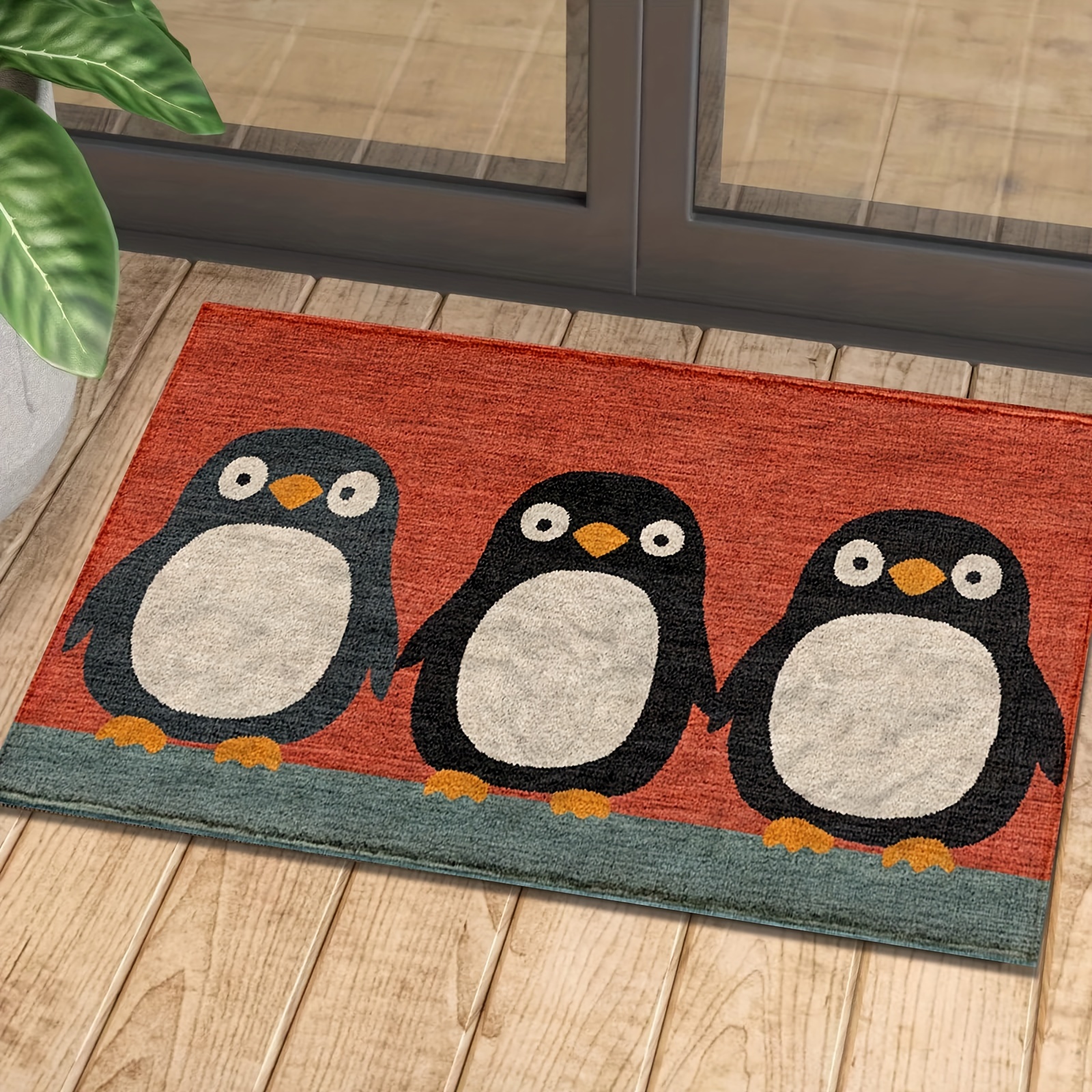 

1pc Cute Penguin Door Mat, Cashmere Knit Fabric, Non-slip Tpr Backing, Machine Washable, Low Pile, Absorbent Rectangle Bath Rug For Kitchen, Bathroom, Home Decor - 1350gsm