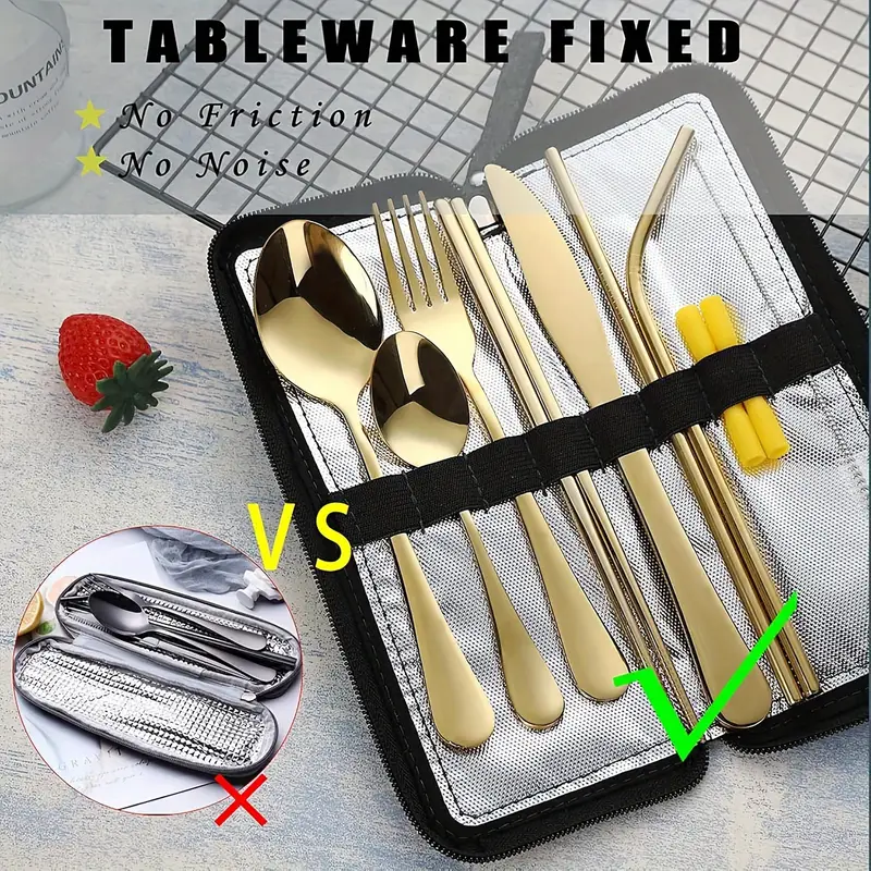 portable travel cutlery reusable cutlery with fixed cutlery box including chopsticks straws knives forks spoons straw brushes 9pcs stainless steel cutlery set black golden silvery Product details 0