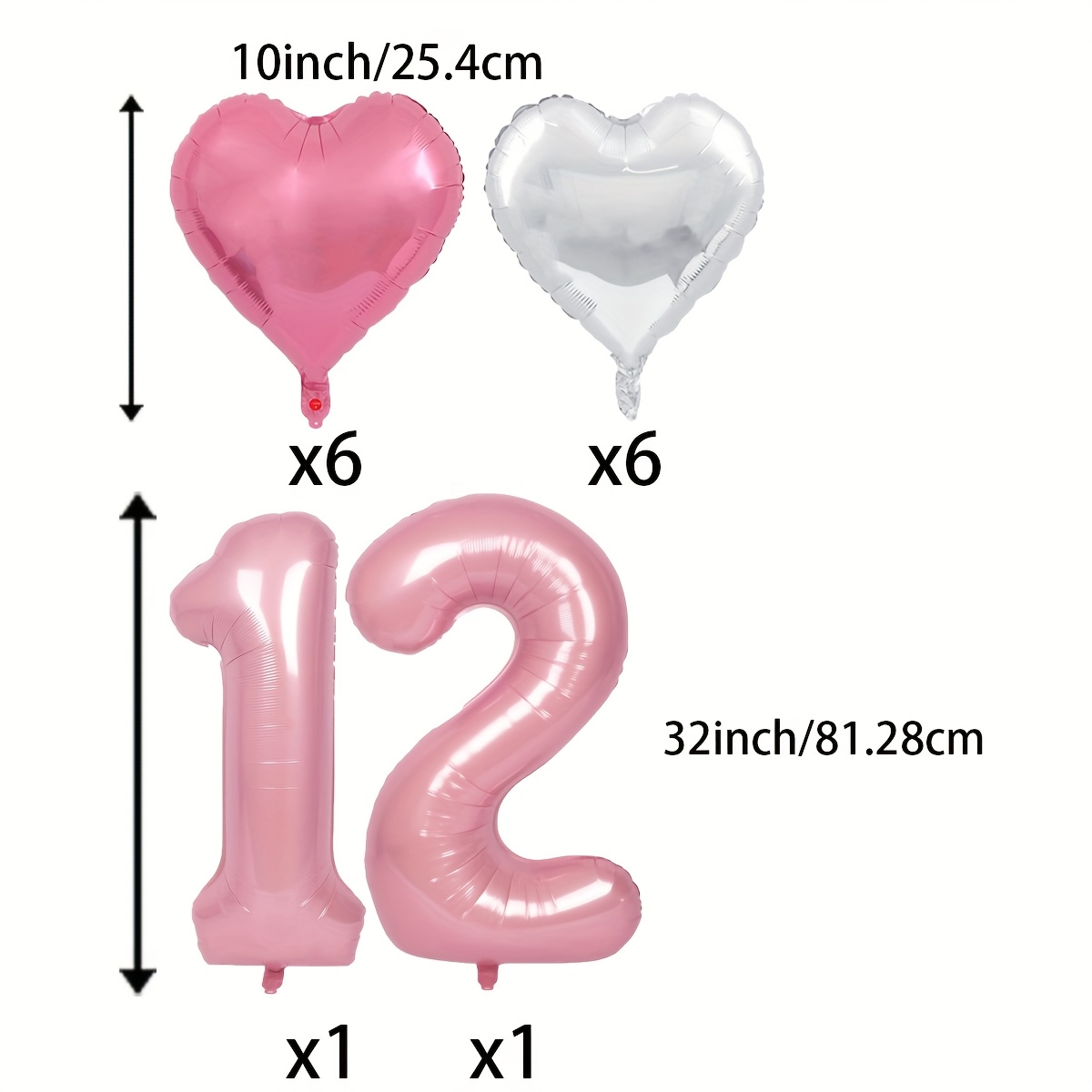 Image of Pink Number 12 Balloon With 10inch Pink Silvery Heart Balloons 32inch Pink Number Balloon Digital Balloon 12 For Girl 12th Birthday Anniversary Wedding Graduations Party Decorations