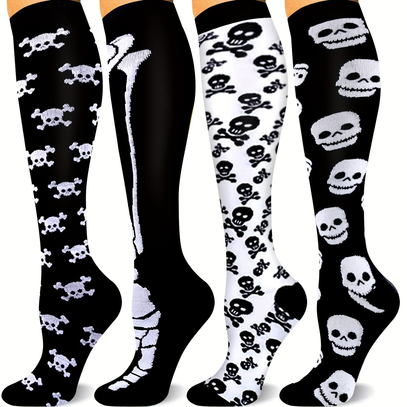 

4 Pairs Halloween Skull Calf Socks, Gothic Cosplay Compression Knee High Socks, Women's Stockings & Hosiery