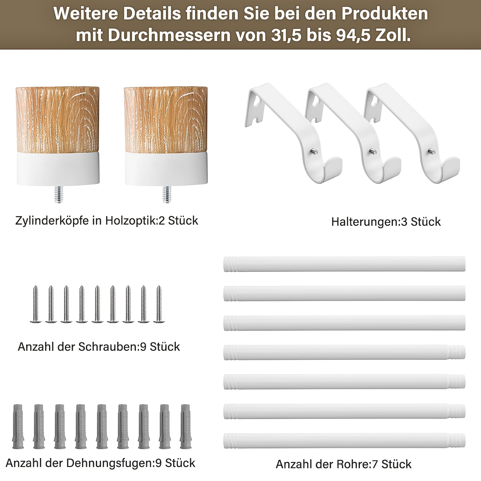 Image of Wood End Cap Single Curtain Rod, Wall Mounted, Adjustable Length, For Living Room And Bedroom, White & Natural Wood