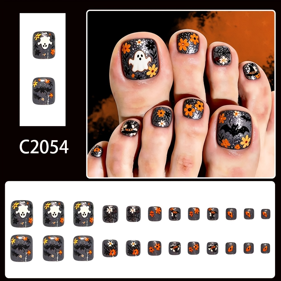 TEMU 24pcs Halloween Ghost Bat Wearable Toe Nail Tips, Dark Glitter Orange Small Floral Short Square Glossy Fake Toenails, Festive Atmosphere