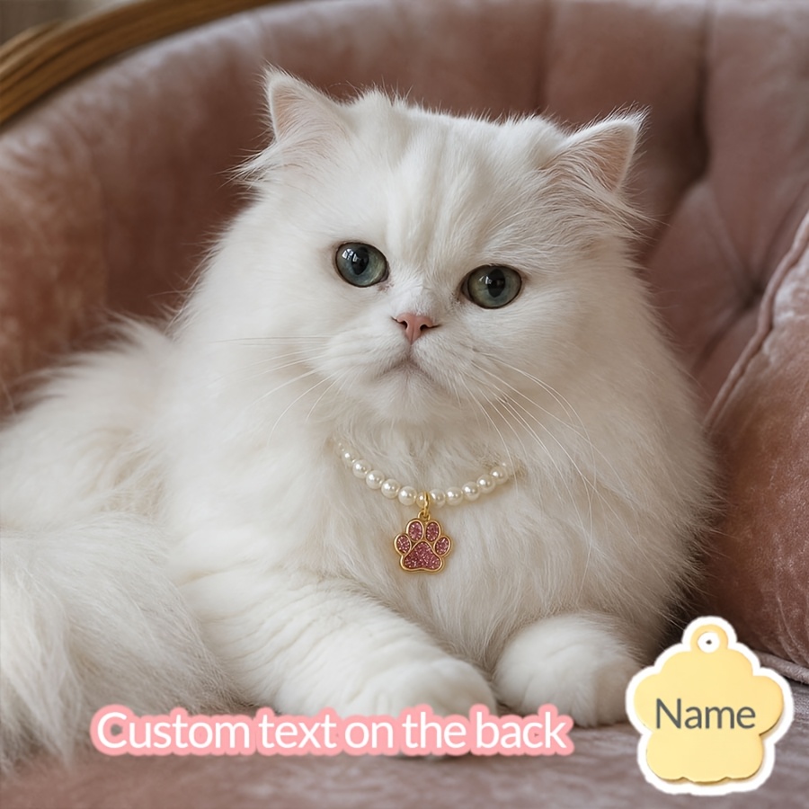Personalized Imitation Pearl Pet Collar with Engraved Paw Print Pendant