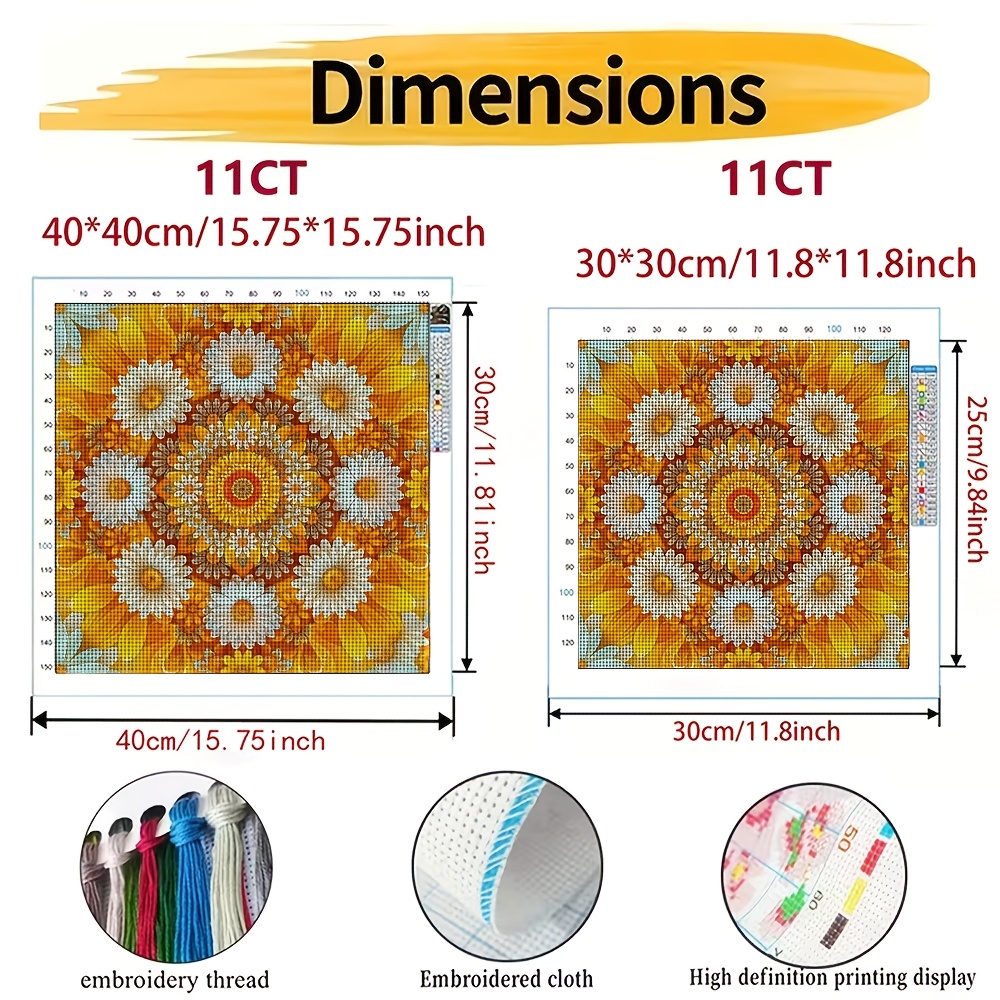 11CT Frameless Cross-Stitch Kit, Symmetrical Yellow-Orange Floral Pattern