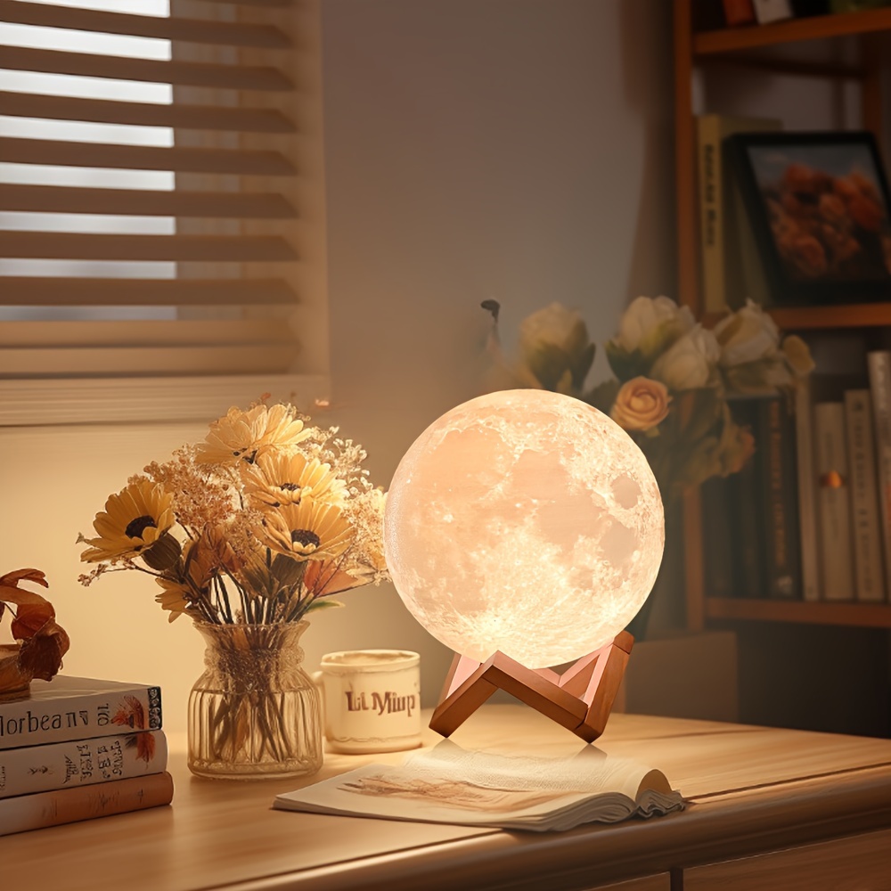maanlamp met 128 kleuren – aanraakbediening led nachtlampje, oplaadbaar via usb, instelbare helderheid, houten standaard, ideaal voor slaapkamerdecoratie of cadeau 10