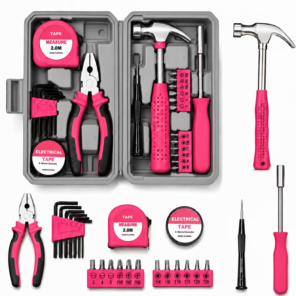 TEMU 116/40/23pcs Pink Tool Kit | Includes Screwdriver, Utility Knife, Scissors, Tape Measure, Hammer, Internal Hex Wrench, Pliers | Suitable For