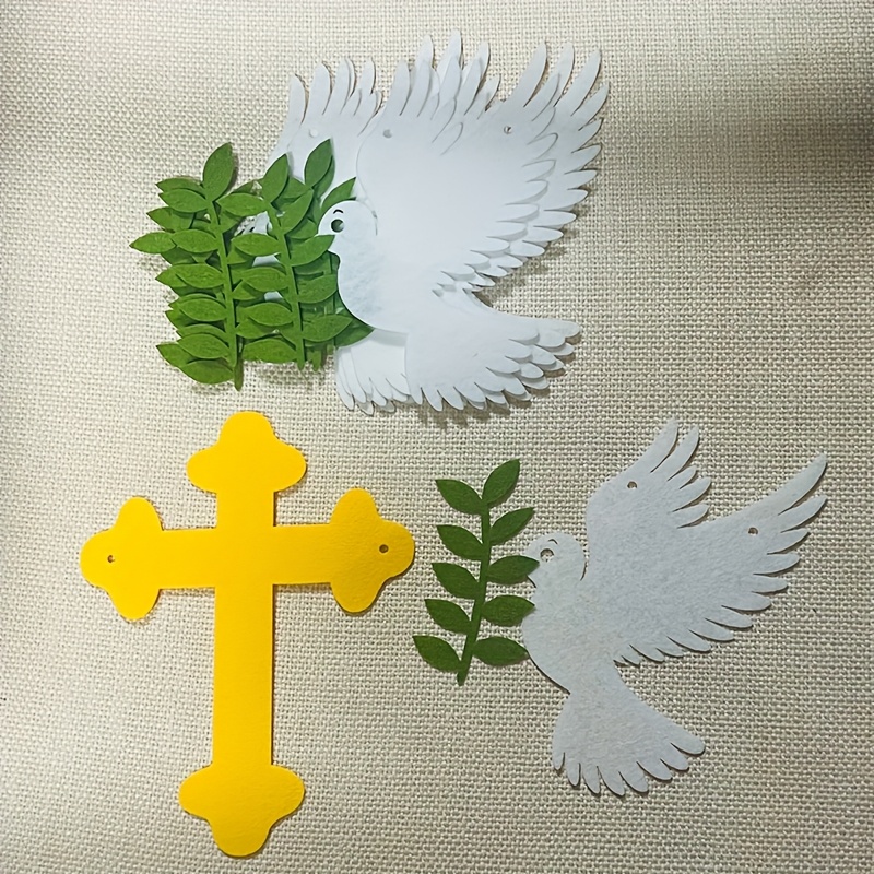 Image of 9pcs Religious Decor Yellow Cross + Pigeon Wreathfelt Fabric White Doves | For Baptism, First Communion, Weddingno Electricity Needed | Elegant Hanging Decor For Events