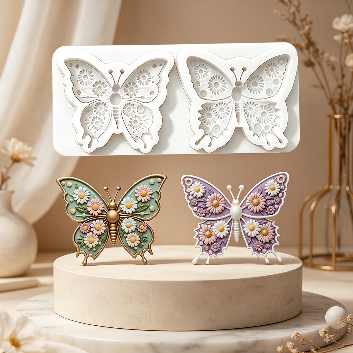 TEMU 1pc 2-cavity 3d Relief Floral Jelly Mold, Retro Animal-themed Fondant Mold, Suitable For -themed Birthday Parties, Used To Make Flower Cakes,