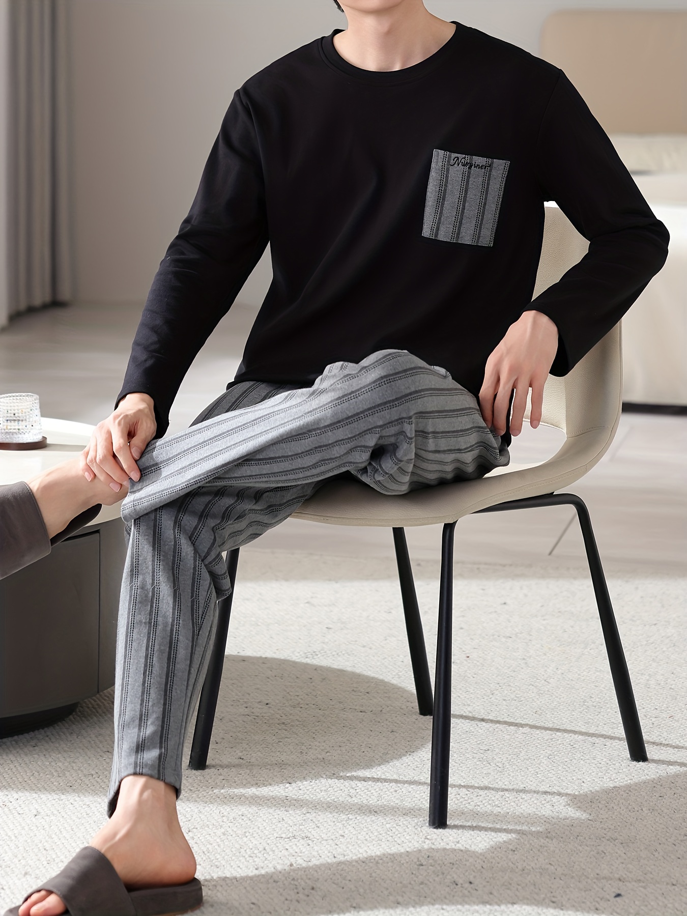 1set Men'S Casual Cotton Pajama Set, Long Sleeve Round Neck Sleepwear with Pockets, Loose Fit Knitted Pullover for Spring/Autumn - Comfortable Thin Cotton Outfit