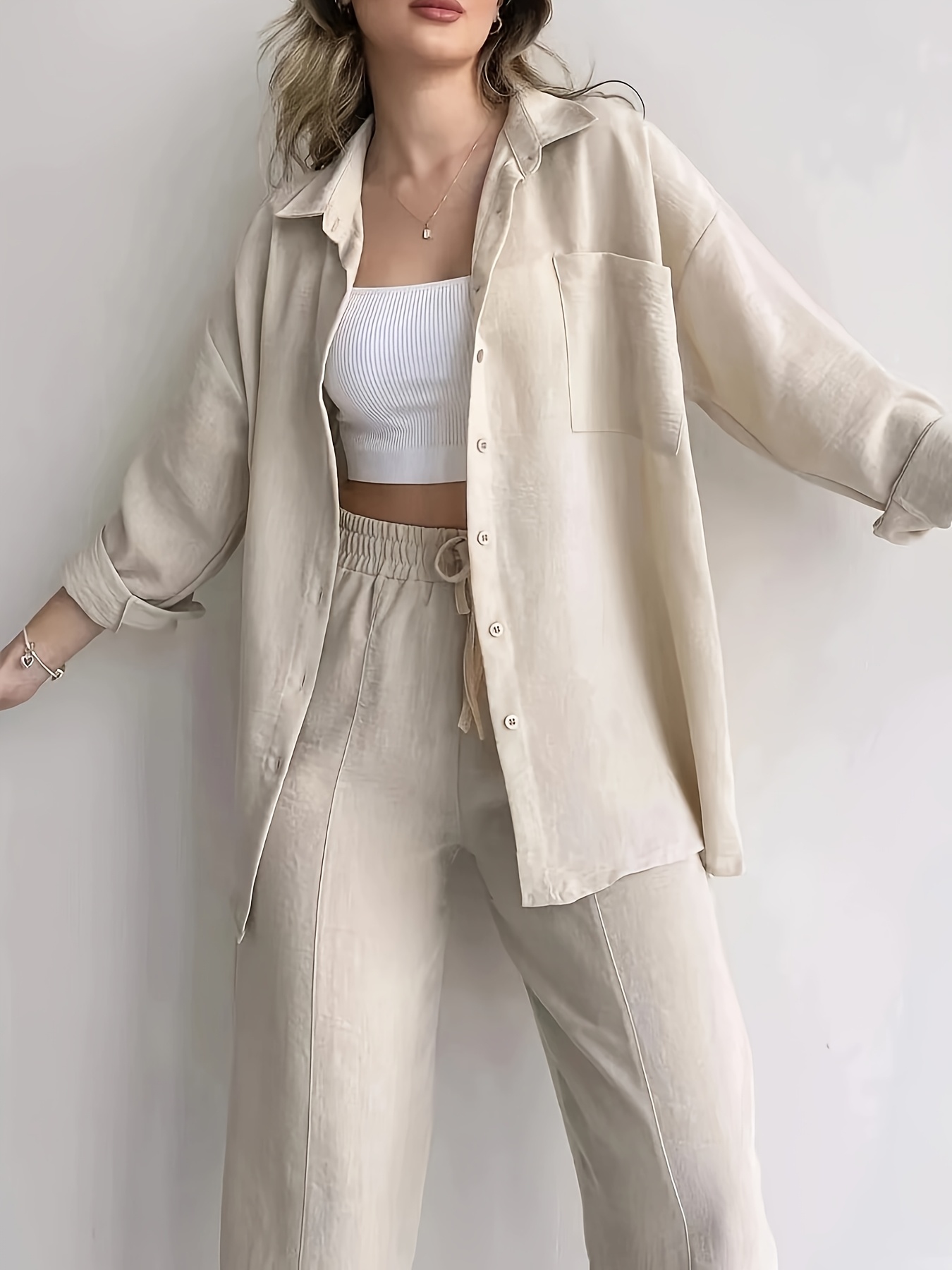 conjunto camisa botones beige casual mujer pantalones anchos