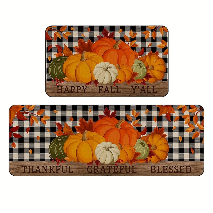 

2-piece Fall Kitchen Rug Set, Autumn Design, Non-slip, Machine Washable, Rectangle Polyester Mats For Home Decor, Thanksgiving Holiday Plaid Door Mats (40x60cm & 40x120cm)