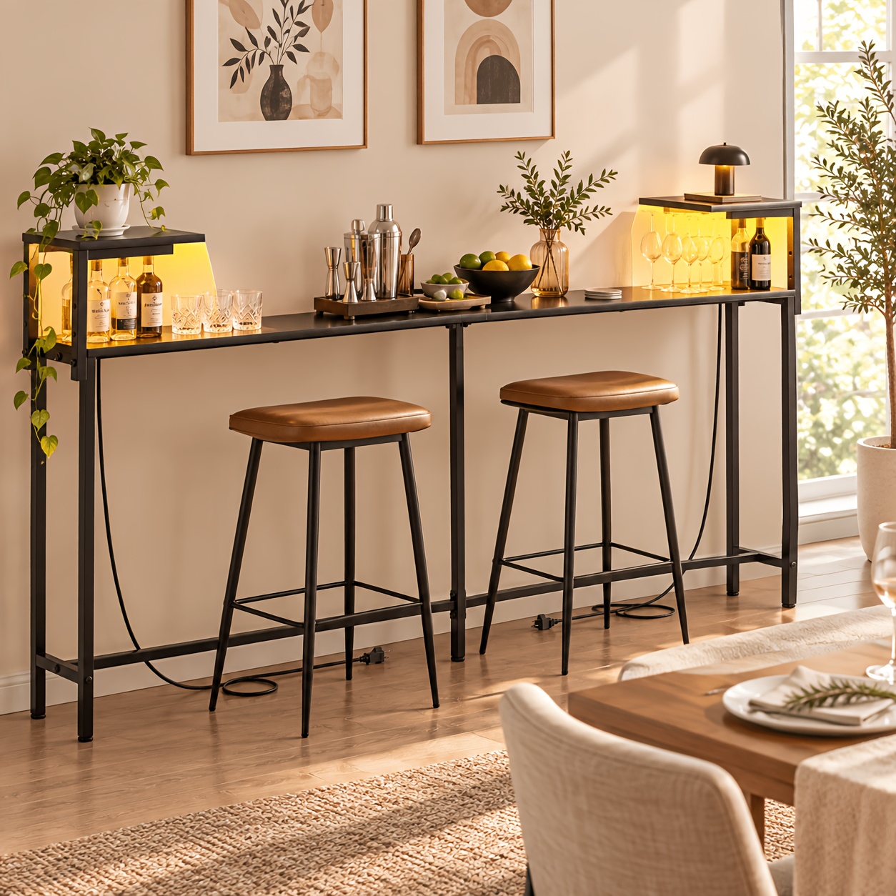 Image of Charging-enabled Side Table, 180cm Long Desk With Led Light Strip &dual Storage Shelves- For Home Or Office. Fits Behind Sofa/ Bed Without Taking , And Is Sturdy With A High Weight Capacity.