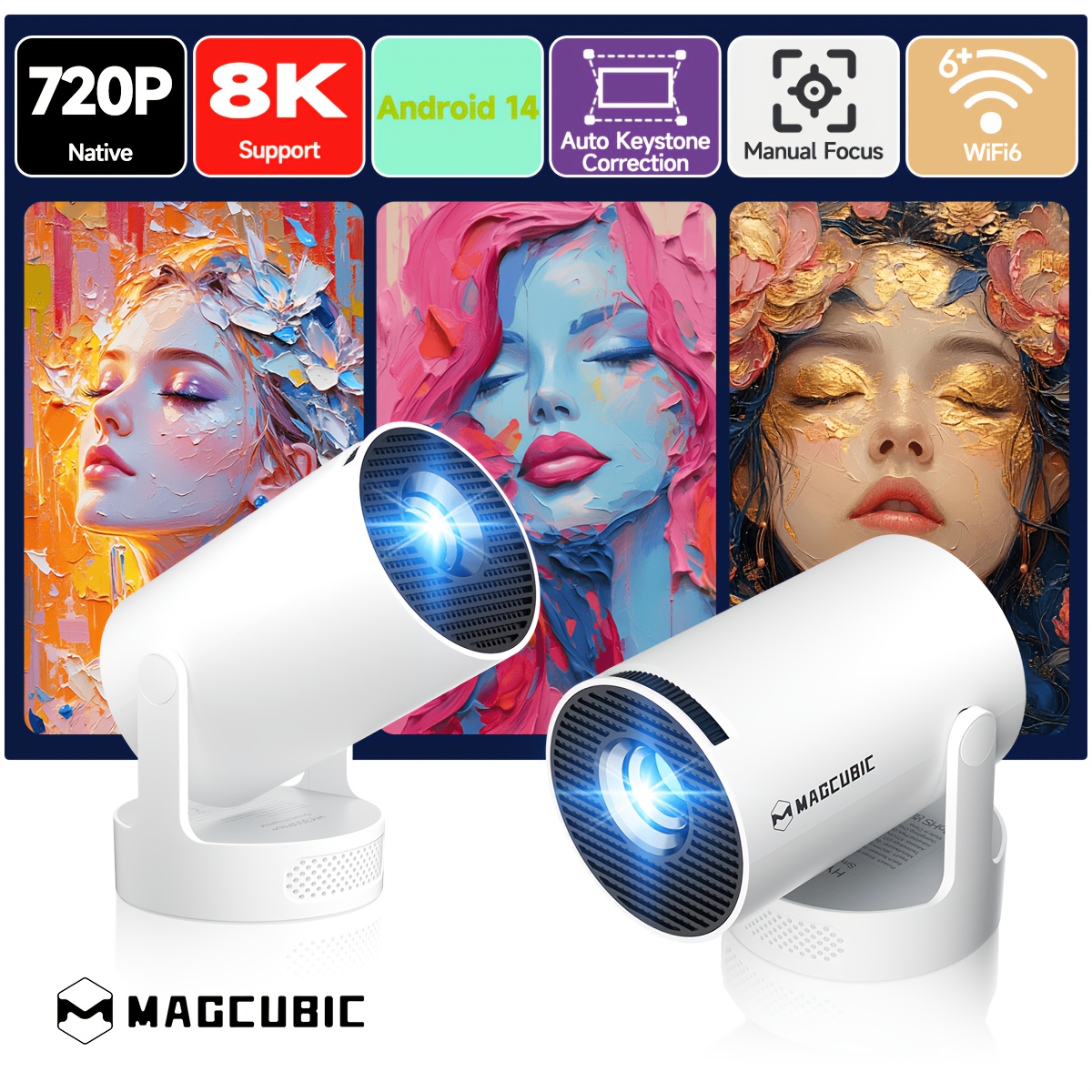 Image of Magcubic Smart Native 720p Support 8k Video, Wifi 6 Bt5.4 Portable Projector With Auto Keystone Correction, 0.9:1 Throw Ratio, Compatible Home Theater Movie Projector For Phone, Laptop