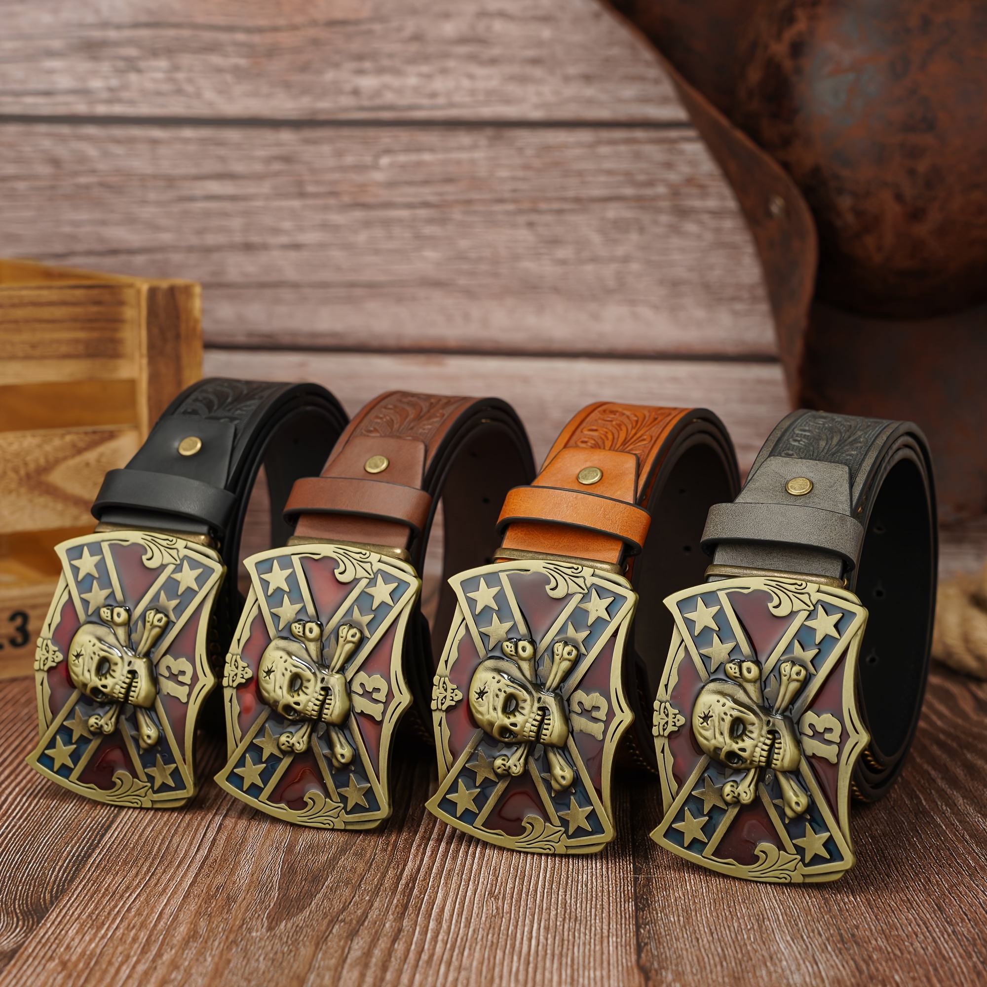 

1pc Gleebuy Vintage Men's Belt With Skull And , Embossed Leather, Alloy Rivet Detail, Fashionable Retro Accessory