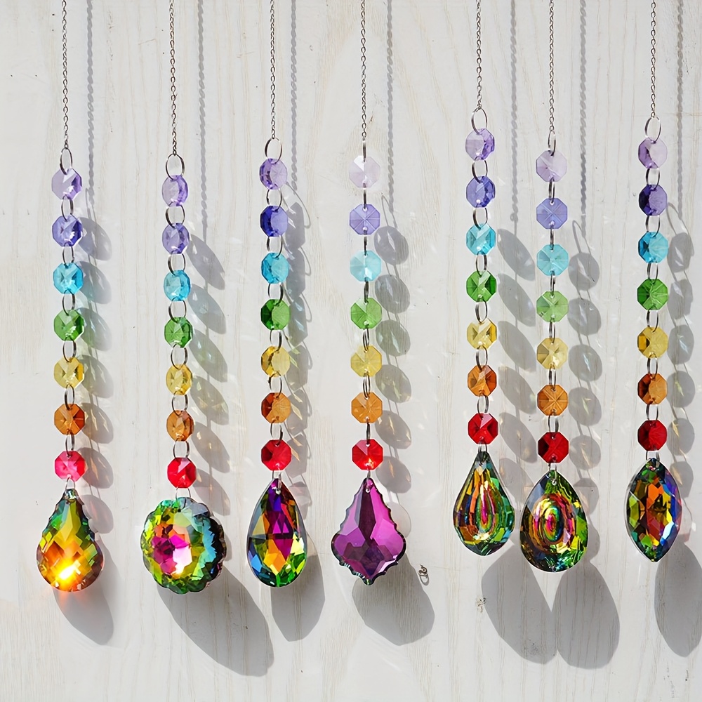 E-shop 7-teiliges Set Bunter Kristall-Sonnenfänger zum Aufhängen, Sonnenfänger-Perlenkette Anhänger, Kristallprisma für Fenster, , Garten,