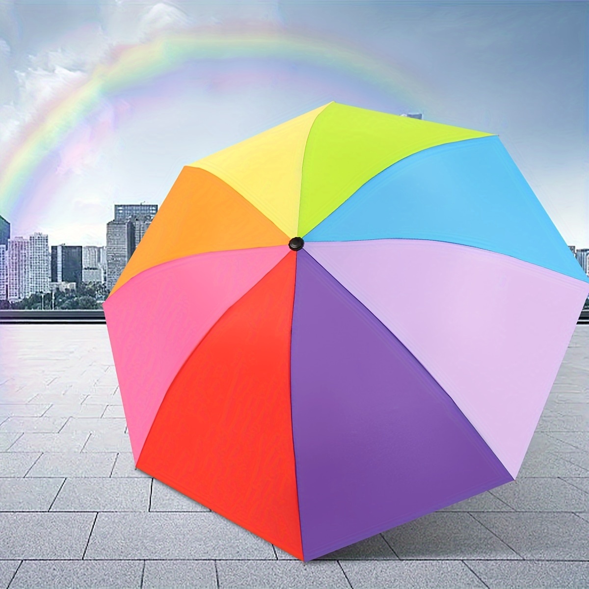 

Portable Rainbow Three-fold Umbrella, Folding Short Handle Umbrella
