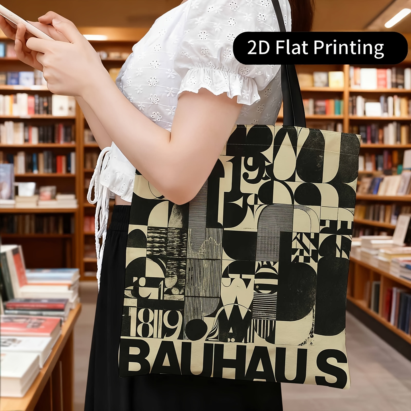 TEMU Bolso de de 1 pieza con estampado de cara - Diseño geométrico abstracto, estilo Bauhaus, y - Bolsa de compras portátil, bolsa de almacenamiento,