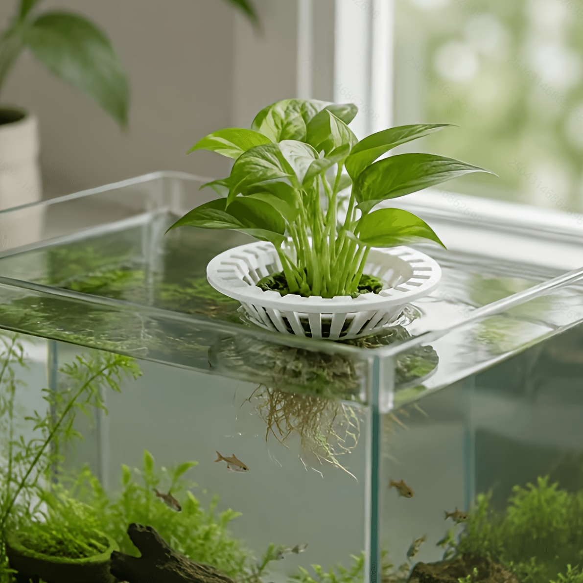 TEMU Aquarium Hydroponic Floating Planting Basket, Soil-free Cultivation For Pothos And Succulents, Aquatic Scenery Plant Floating Rack, White Stand,