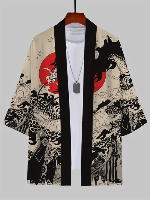 cardigan kimono homme à imprimé dragon vintage - coupe , protection solaire, polyester, style décontracté dété, lavable en machine