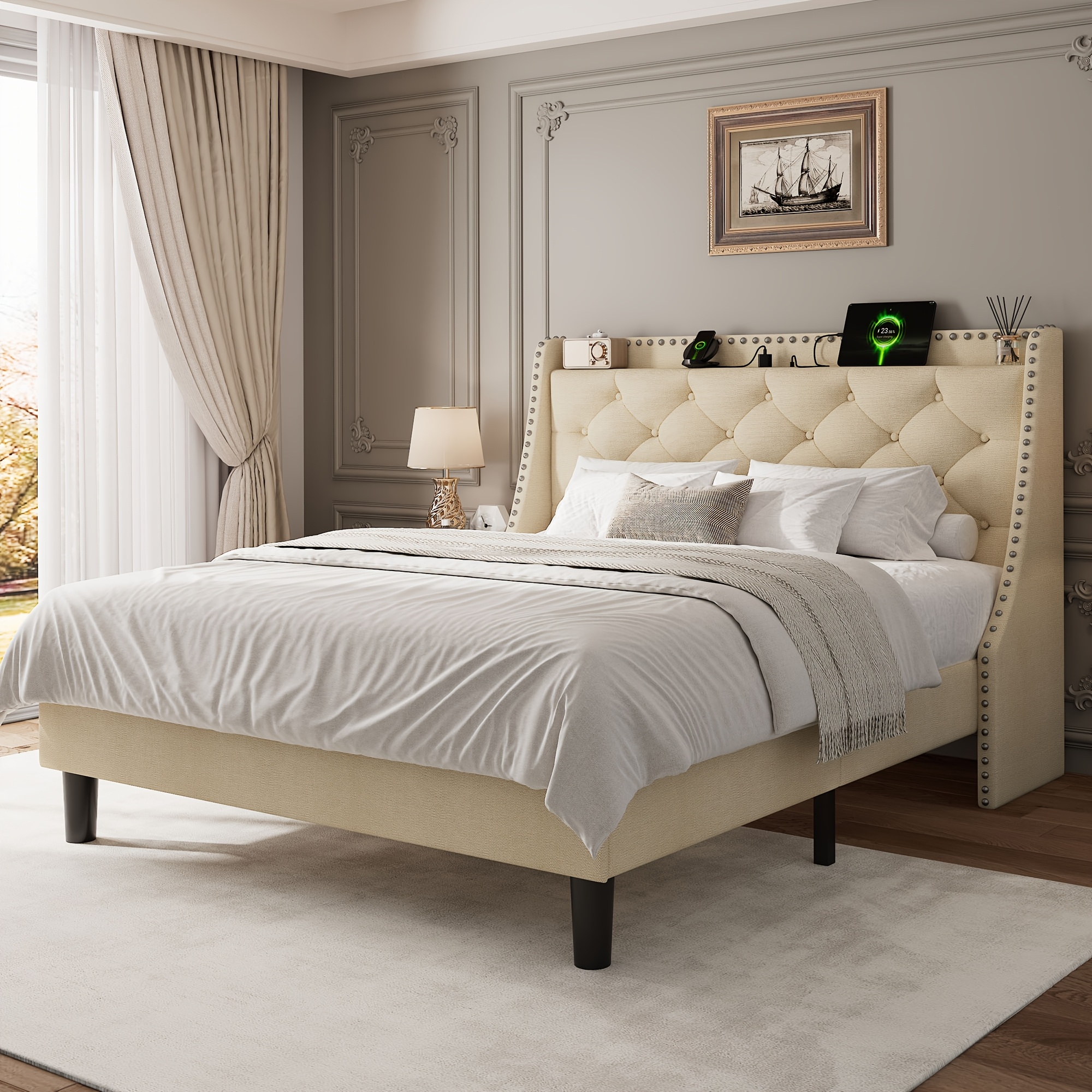 Bed Frame With 16" Wide Deluxe Wingback & Charging Station | Platform Bed With 8" Underbed Storage, Diamond Armrest Design, Sturdy Hardwood and Metal Supports, Easy Assembly, Modern Style by IPORMIS