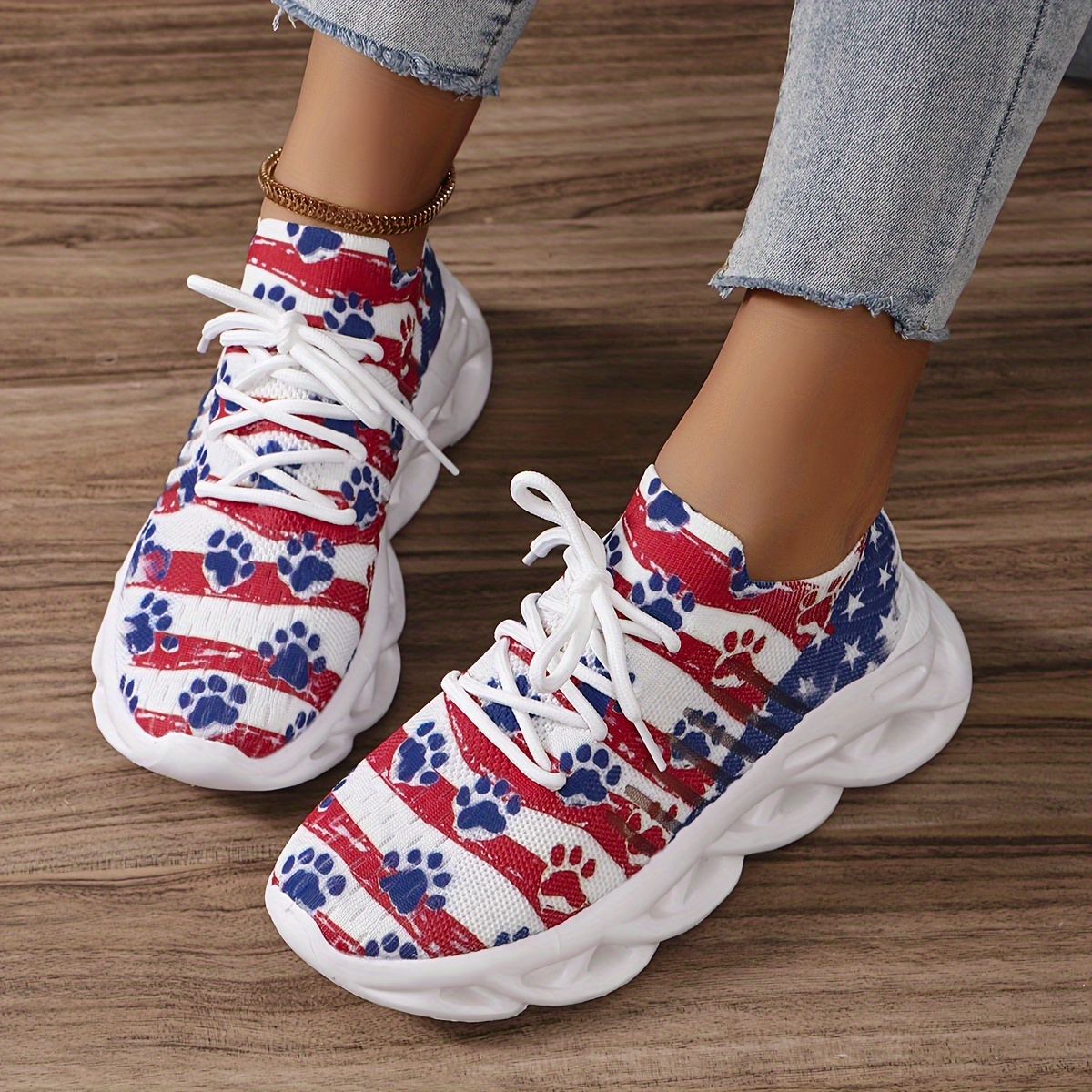 

Women's Stars & Paw Pattern Sneakers, Fashion Lace Up Low Top Sports Shoes, Casual Breathable Trainers For Independence Day