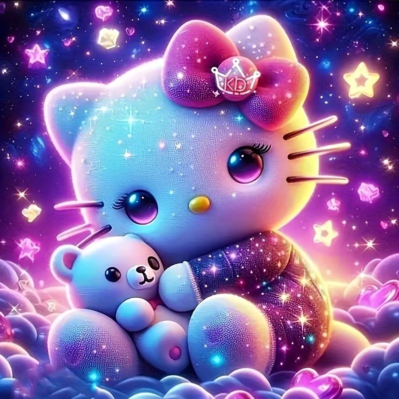 Image of 1pc 5d Diamond Painting Set, Hello Kitty Cartoon Theme With , Round Frameless, Diy Home Decoration, 30x30cm/11.8 Inches X 11.8 Inches, Suitable For Wall Decorations And Desktop Placement, A Gift