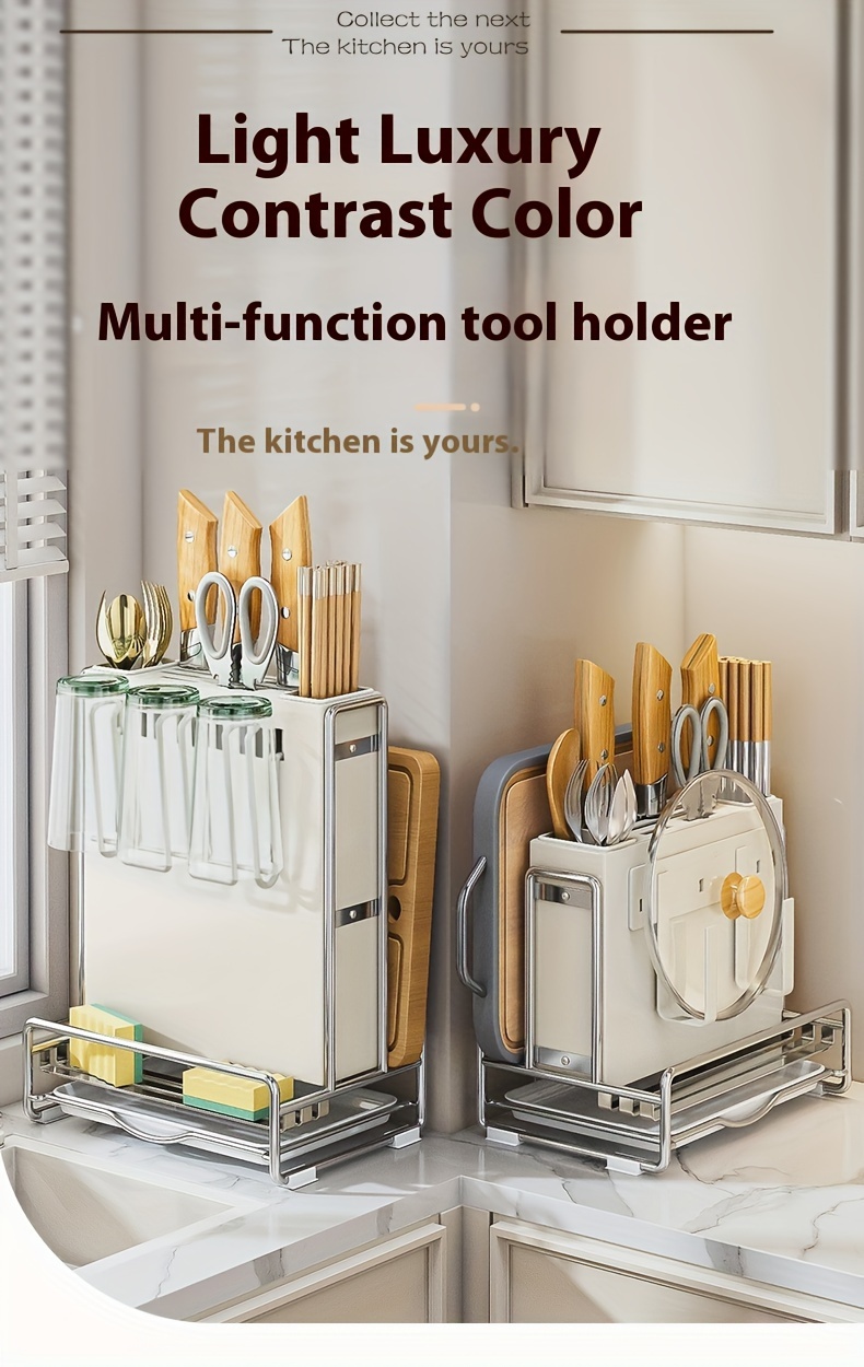 1pc modern stainless steel kitchen knife block with drain tray multifunctional cutlery organizer countertop utensil holder with storage rack details 0