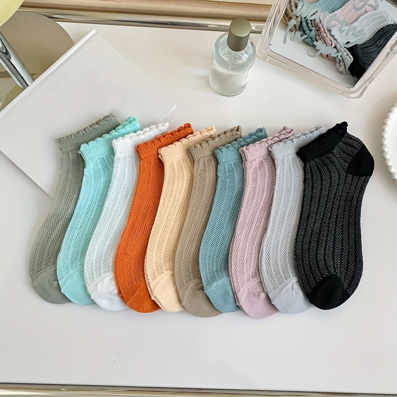 

10 Pairs Solid Ruffle Socks, Simple & Breathable Low Cut Ankle Socks, Women's Stockings & Hosiery