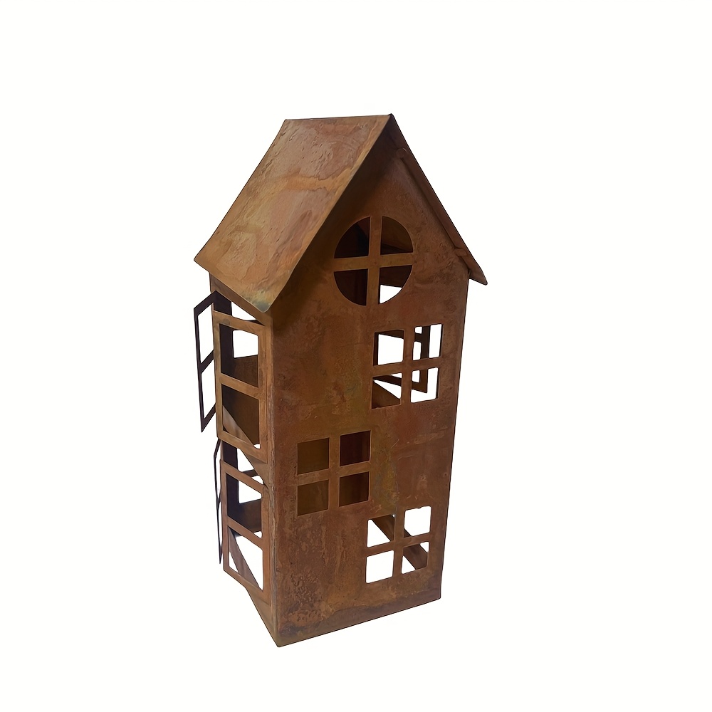 Image of 1pc Rusty House Holiday Candlestick, Rust-colored Decorative Lantern Candlestick, Lantern Decoration, Housewarming Gift, Christmas Decoration Candlestick, Halloween