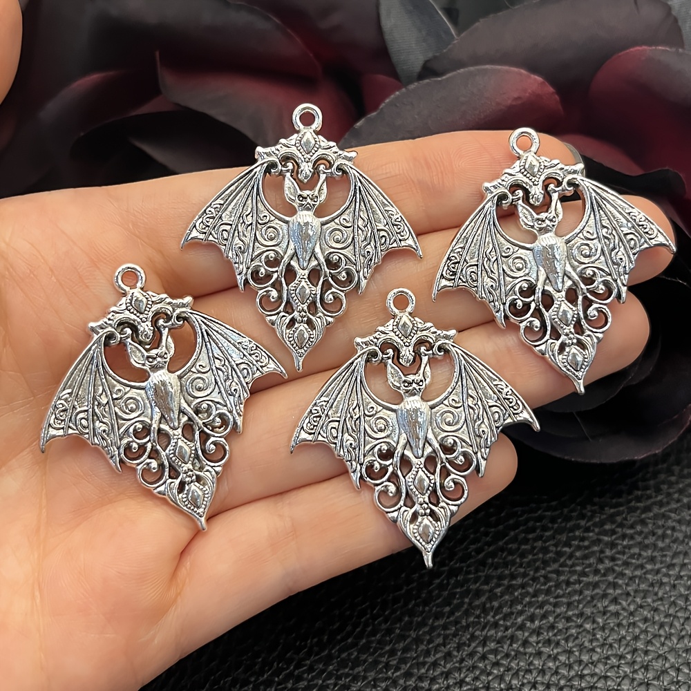 TEMU 4pcs Accessories Set: Vintage Hollow-out Bat Pendant, Alloy Charm, Niche Gothic Style Jewelry Materials For Handmade Earrings, Necklaces, And