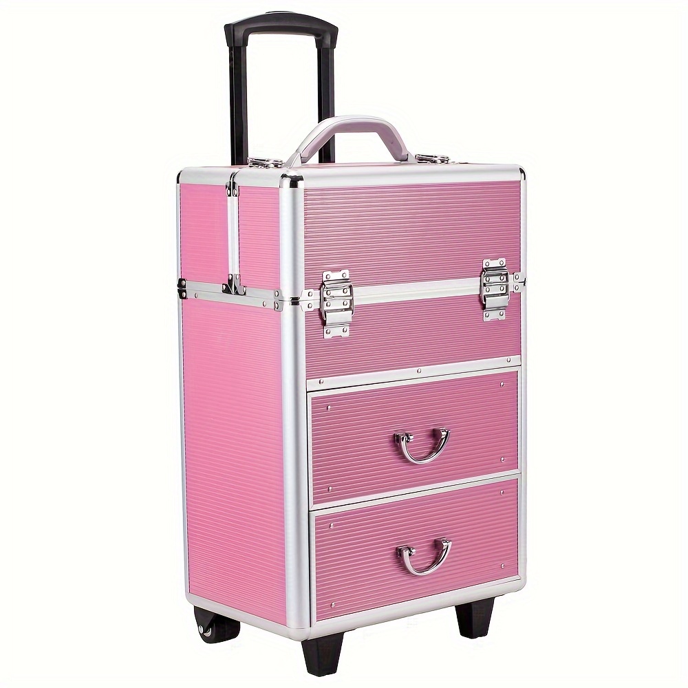 

Spacious 4-tier Pink Makeup Train Case With Wheels - Abs & Aluminum Alloy, Lockable Cosmetic Organizer On Wheels, Extendable Trays For Easy - Ideal For Professional Artists, Makeup Travel Case