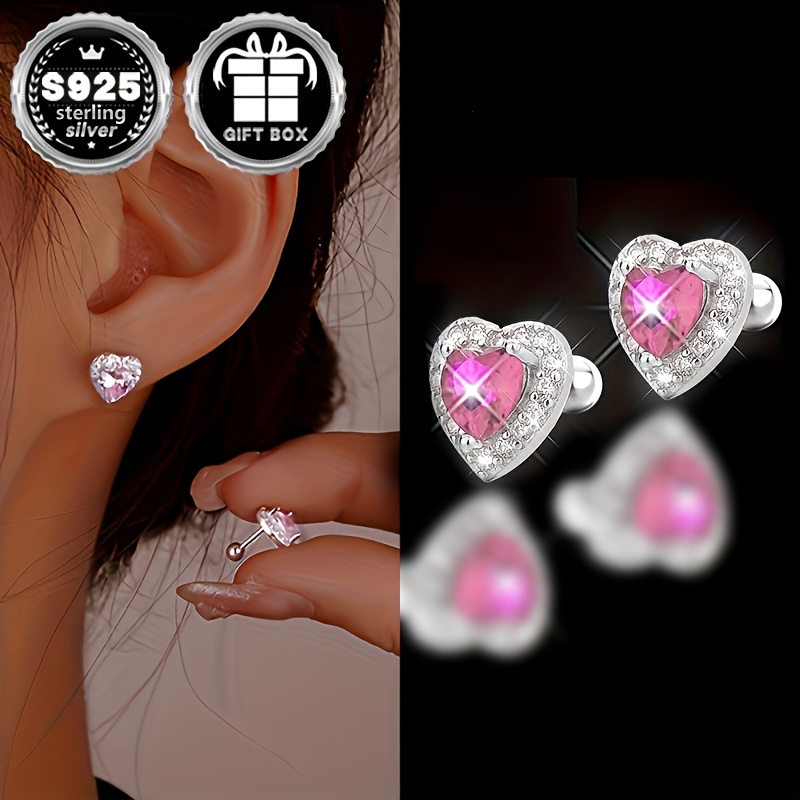 

2pcs Vana Sterling Silver Heart-shaped Stud Earrings, Cute Ear Cartilage , Hypoallergenic 925 Silver Posts With Synthetic Zirconia For Women, , Jewelry