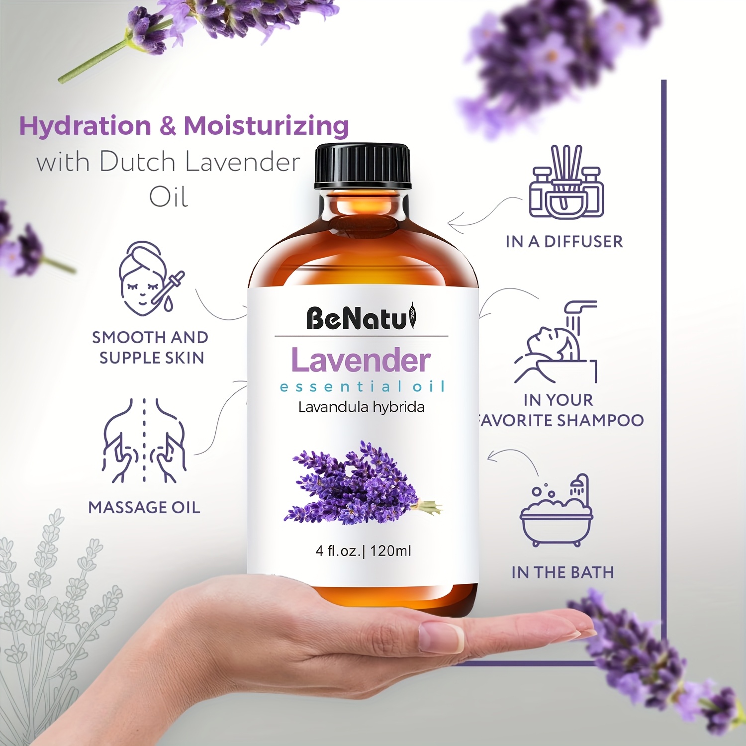 120ml/4oz Lavender Essential Oil - Large Size Lavender Scent Oil for Diffuser, Humidifier, Candle Making, Soap DIY, Massage Blend, Body Spray & Home Fragrance - Long Lasting Lavender Aroma for Room, Bedroom & Car Freshening - Gift for Women - Local