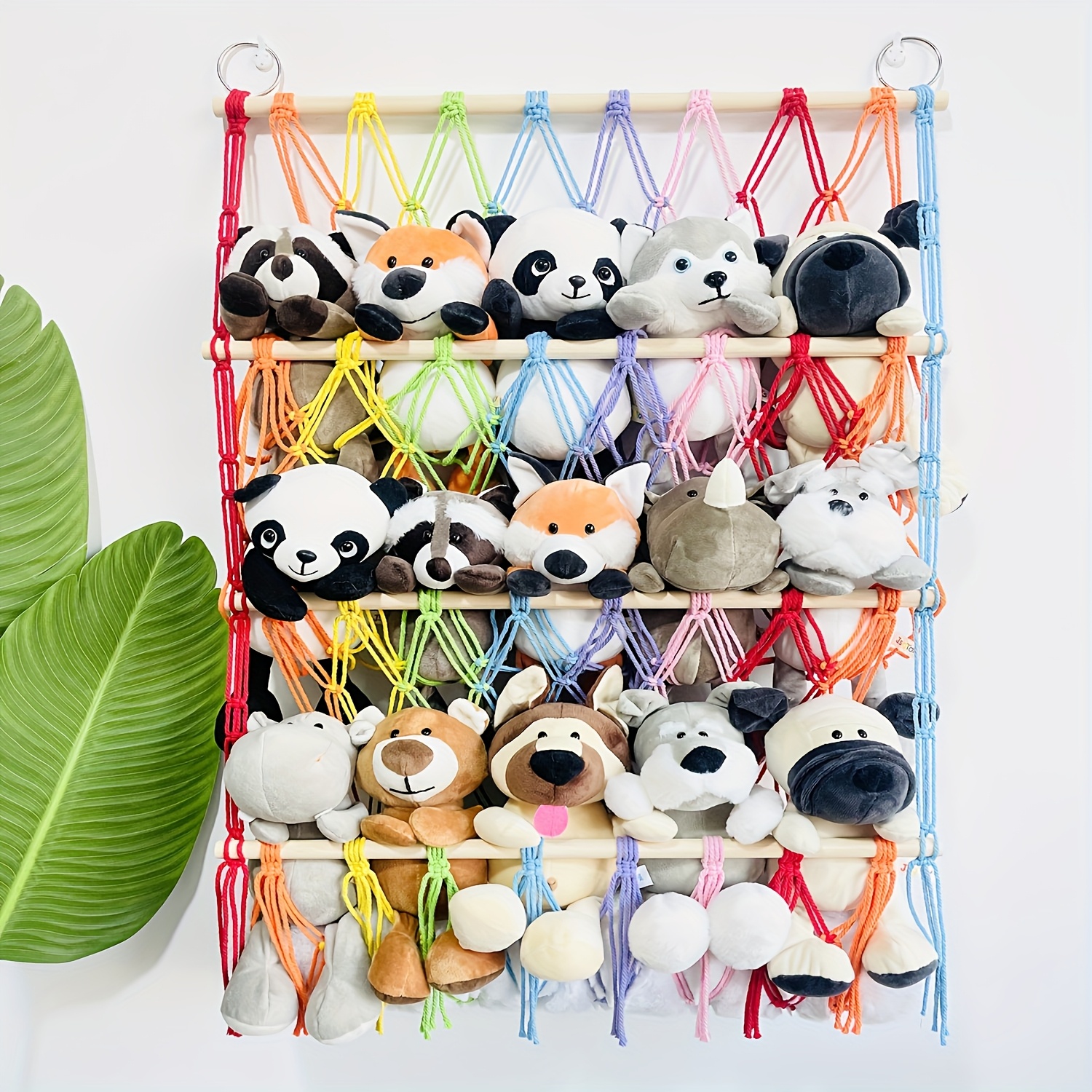 Range-Peluches Bohème 4 Couches - Filet Mural Élégant Avec Crochets Et Pinces En Bois - Idéal Chambre Enfant, Salle De Jeux - Style Boho Chic