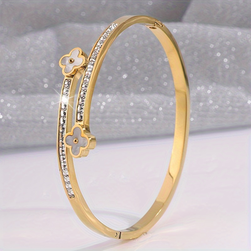 

Elegant 18k Golden Plated Stainless Steel Bangle With Rhinestone Accents And Dual Clover Design - Versatile Accessory For And Special Gifts