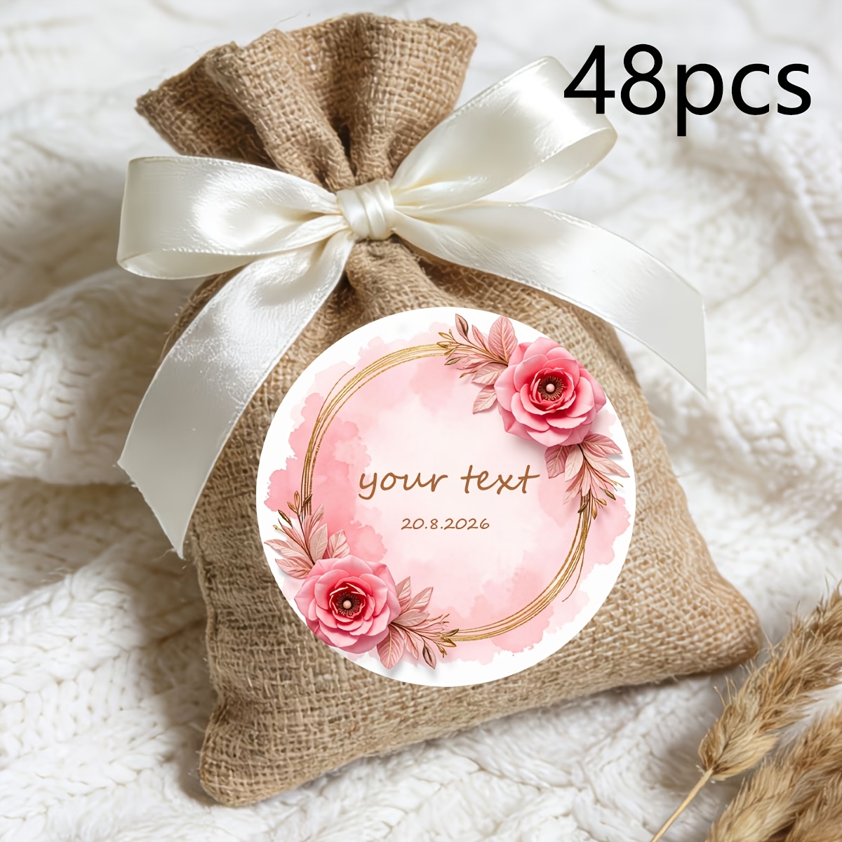 TEMU 48/96pcs Autocollants Personnalisés, et Date Personnalisés, Rond Rose Floral, Anneau Doré, Motif Rose Aquarelle, Convient pour Cadeaux de