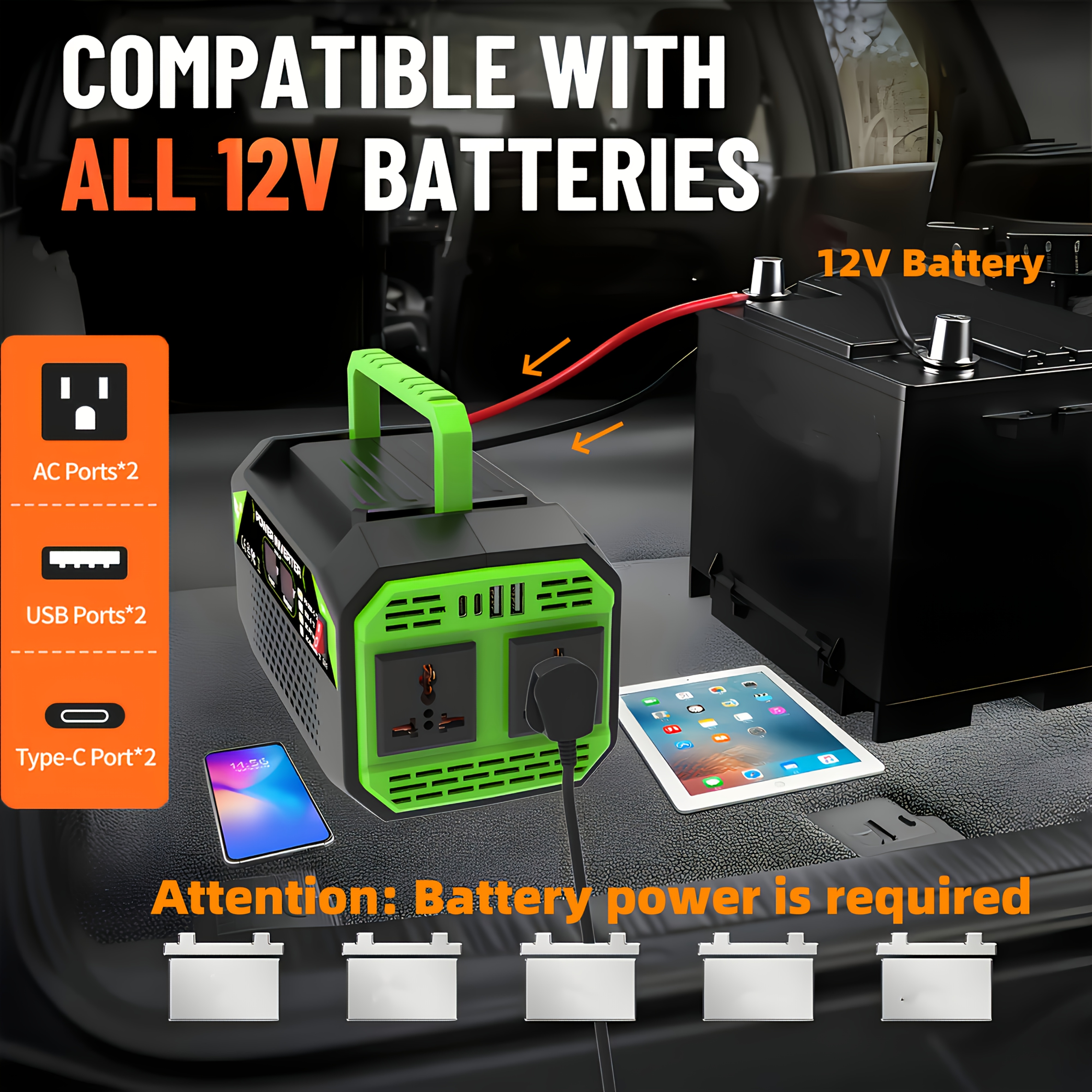 1000W/500W Inverter with Car Plug and Connecting Wire Accessories