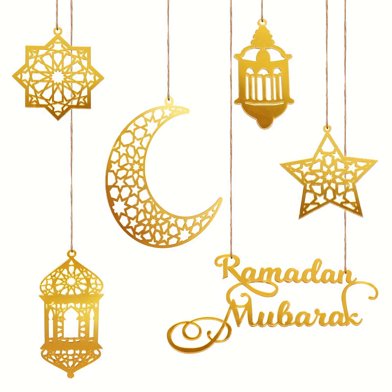 

6-pack Golden Acrylic Ramadan Mubarak Ornaments, Eid Al-fitr Hanging Decorations, Moon, Star, Lantern Shapes, No-electricity Wall & Tree Decor For Ramadan & Universal Holidays