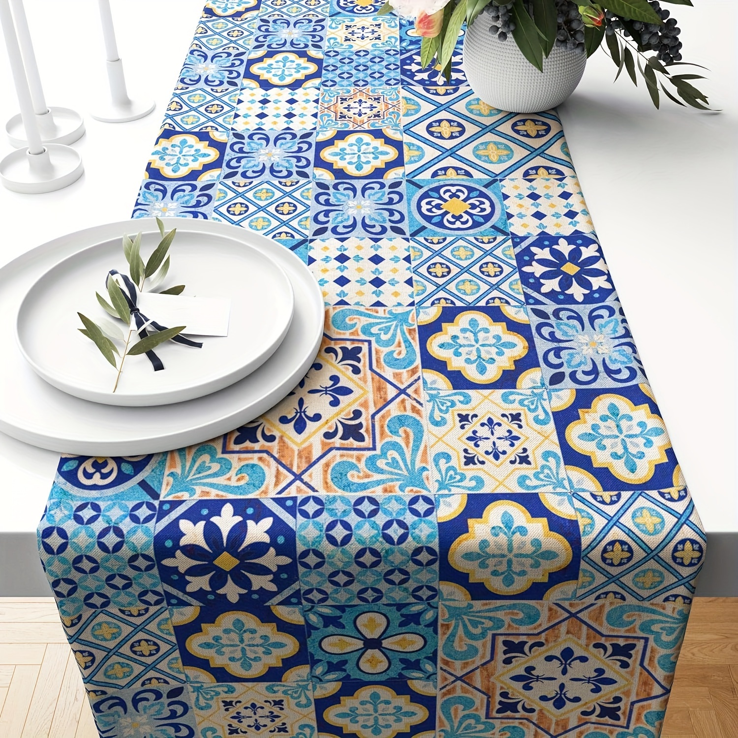 

1pc Blue Tile Print Table Runner, Vintage Patchwork Kitchen Dining Table Decoration Spanish Style Table Cover For Home Kitchen Party Restaurant Supplies