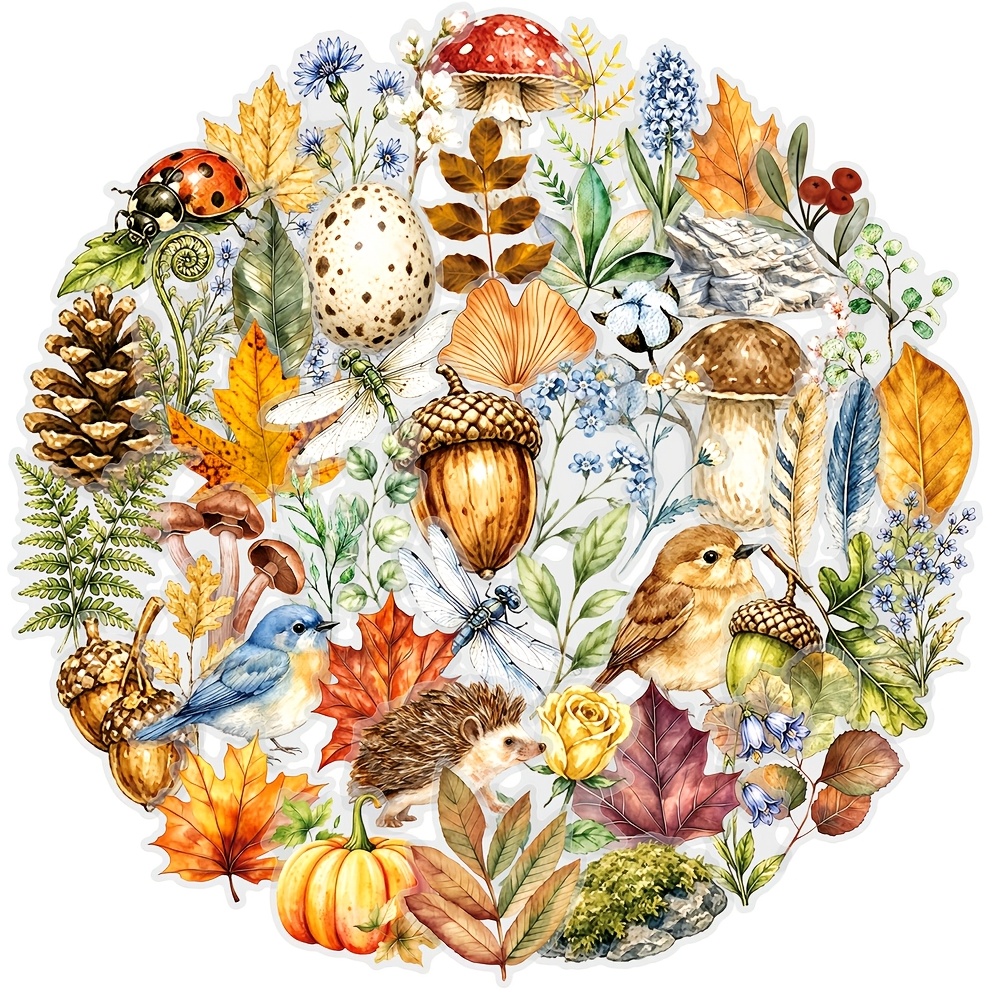TEMU 50 Stück Vintage Herbst Wald Tier Warm Stil PET Graffiti Aufkleber zur Dekoration von Handbüchern, Tassen, Rucksäcken und Handyhüllen
