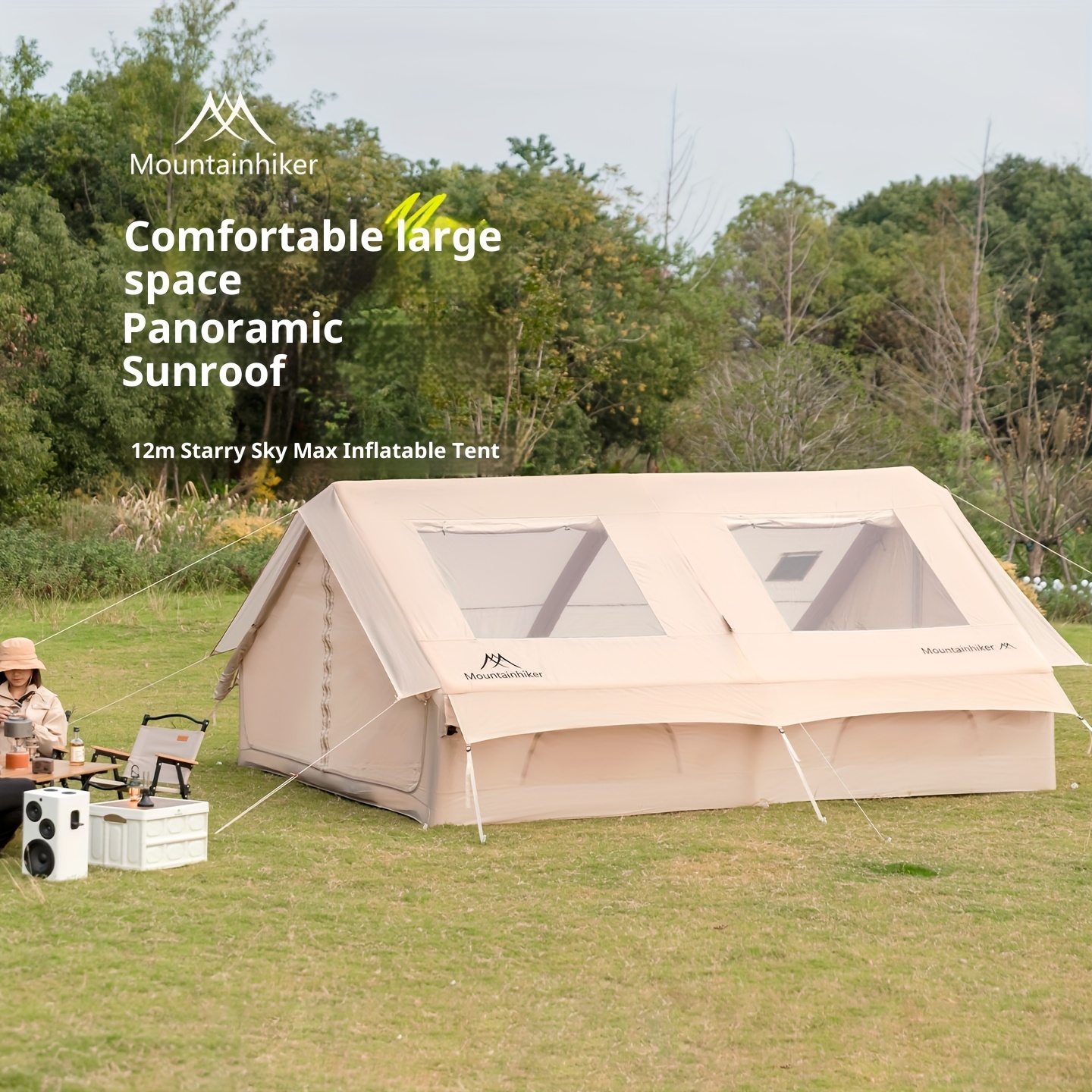 is a windowed inflatable camping tent that can   4 12 people it   with a hand   a portable camping tent and is suitable for   Product details 4