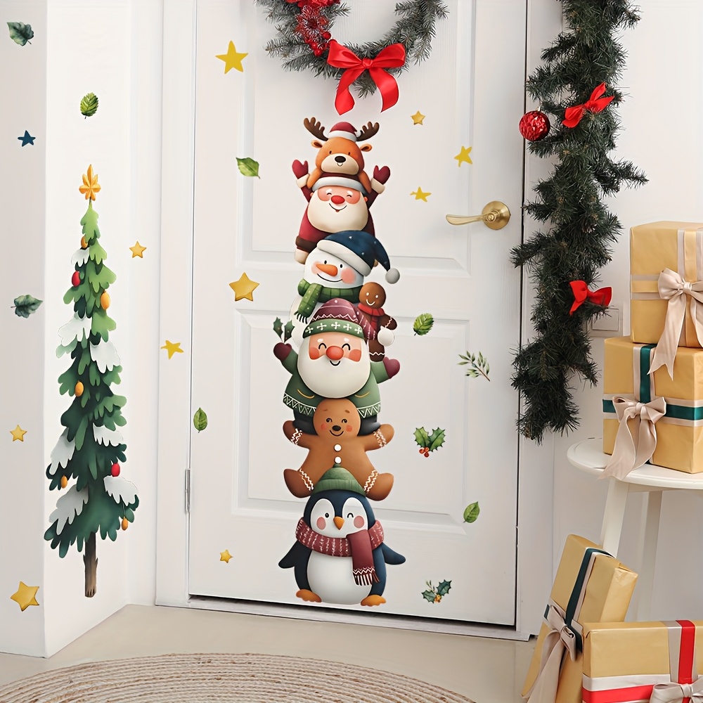 TEMU Wall Decals Featuring A 2d Flat Design Of Santa Claus, Reindeer, Snowman, And Penguin Stacked With A Tree, Made From Waterproof Removable