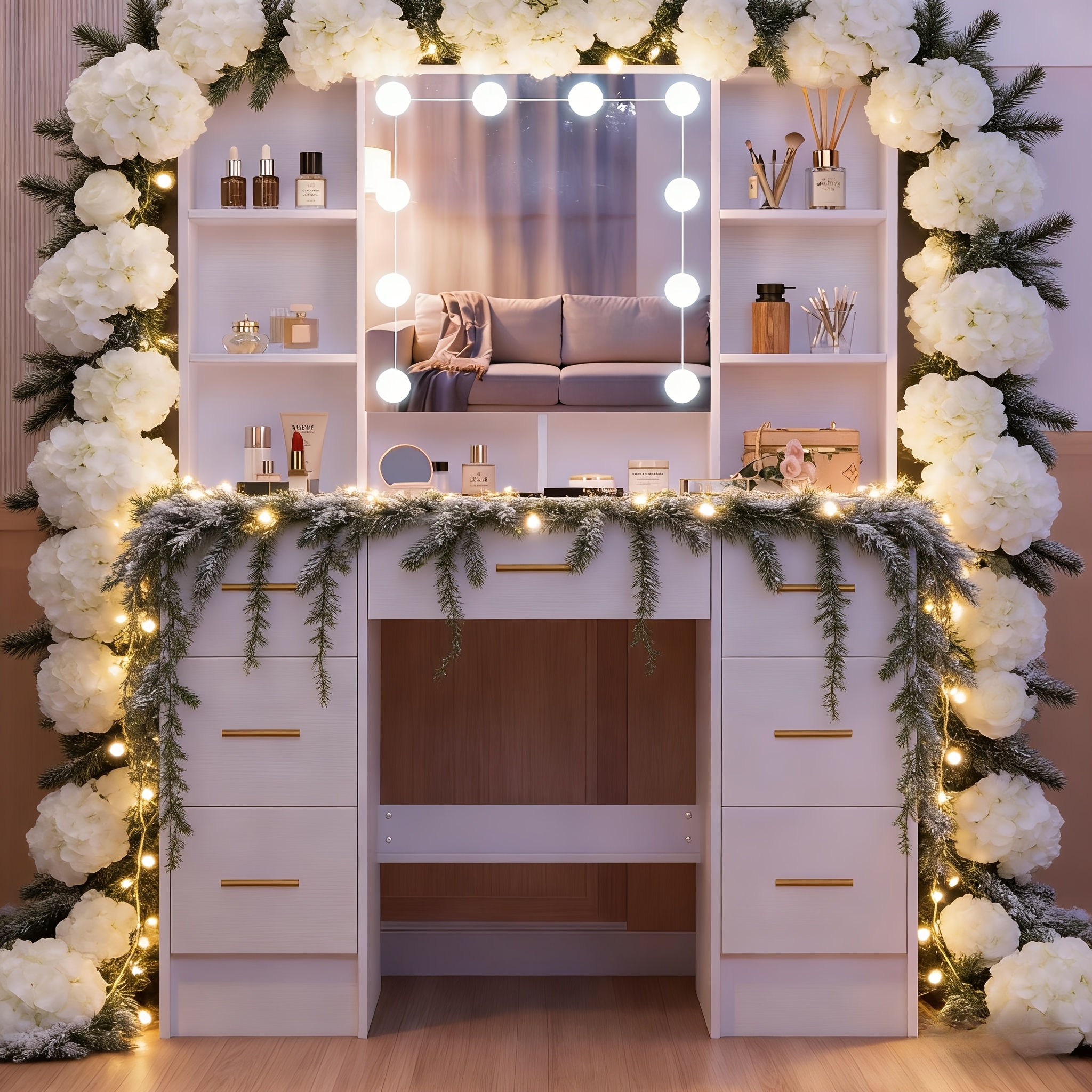 Makeup Vanity with Sliding Mirror and LED Lighting, 3 Modes