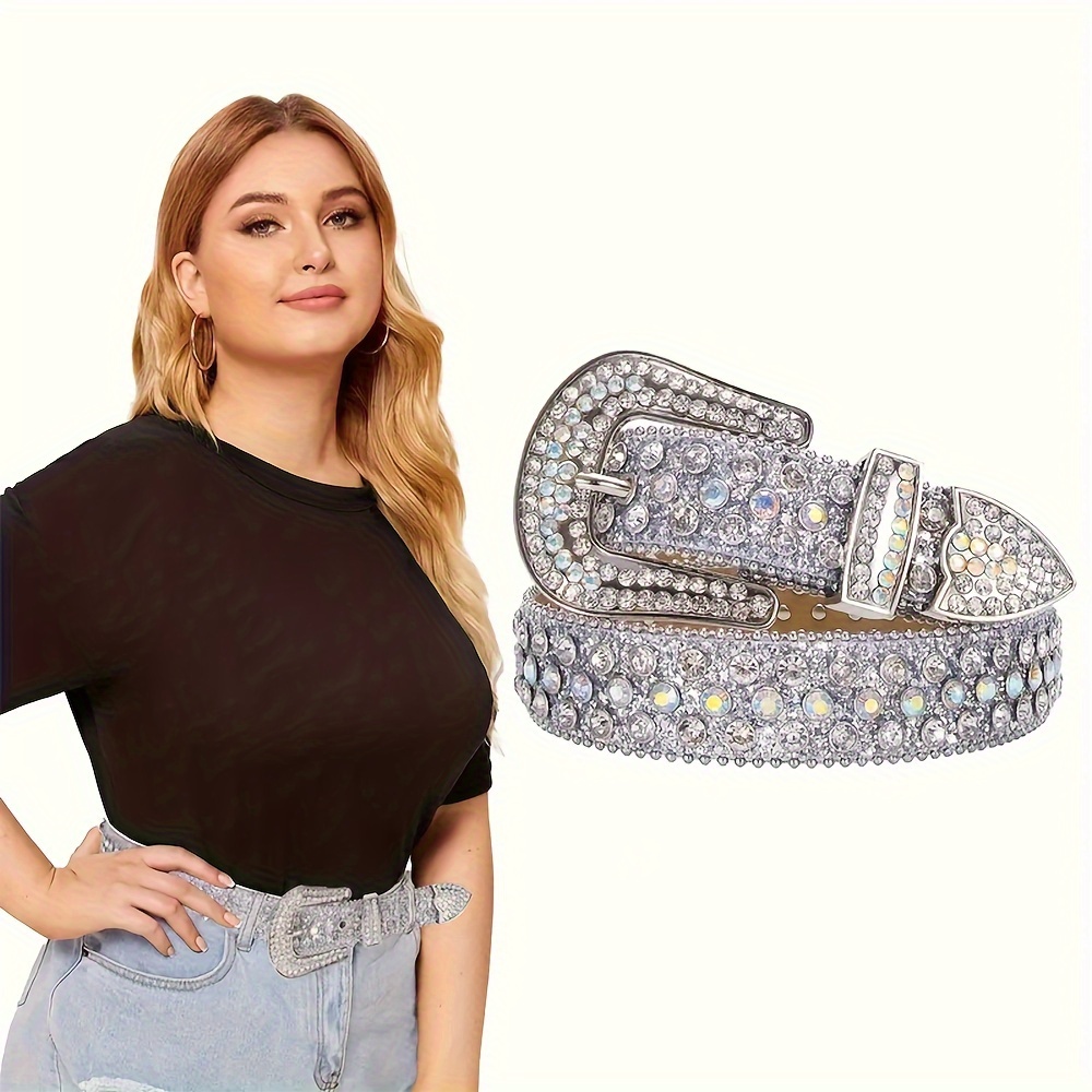 

Plus Size Rhinestone Belt Silvery Sparkly Western Cowgirl Cowboy Waistband Studded Belt Y2k Belt For Pants Jeans Dress