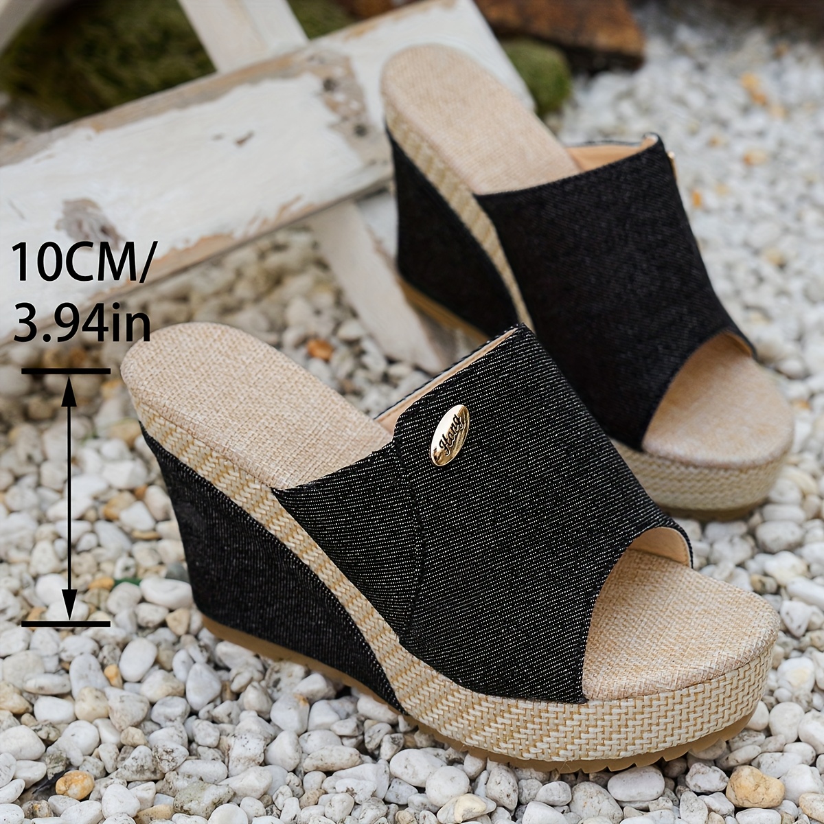 Women'S Black Open Toe Slip-On Wedge Sandals - Thick Rubber Sole, Synthetic Cover Upper, Comfortable Fabric Inner Lining, Casual Summer Footwear for Casual Attire, Strappy Sandal