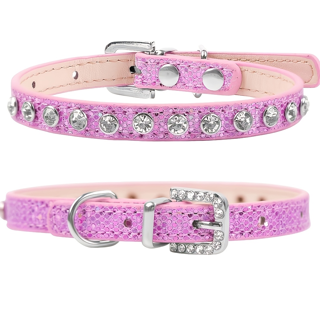 TEMU 2-pack Bling Rhinestone Pet Collars Sparkle Glitter Faux Leather Collars Adjustable Shiny Crystal Pet Neck Collar For Small Dogs Cats Kittens