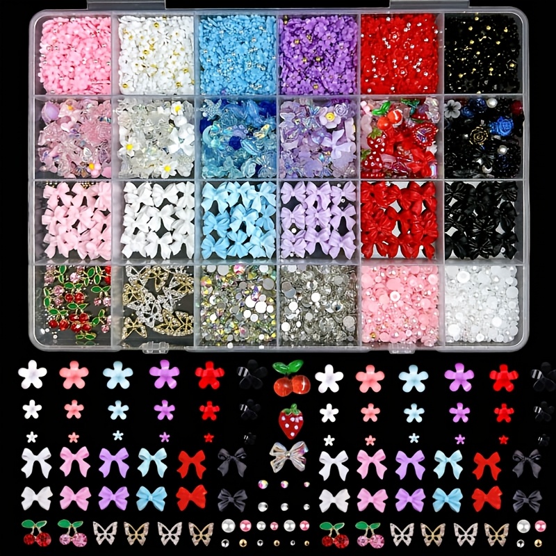 TEMU Mixed Nail Art Charms Set With Ribbons, Bows, Flowers, Cherry, Strawberry & Metal Butterflies - Diy Nail Decorations Accessories Kit