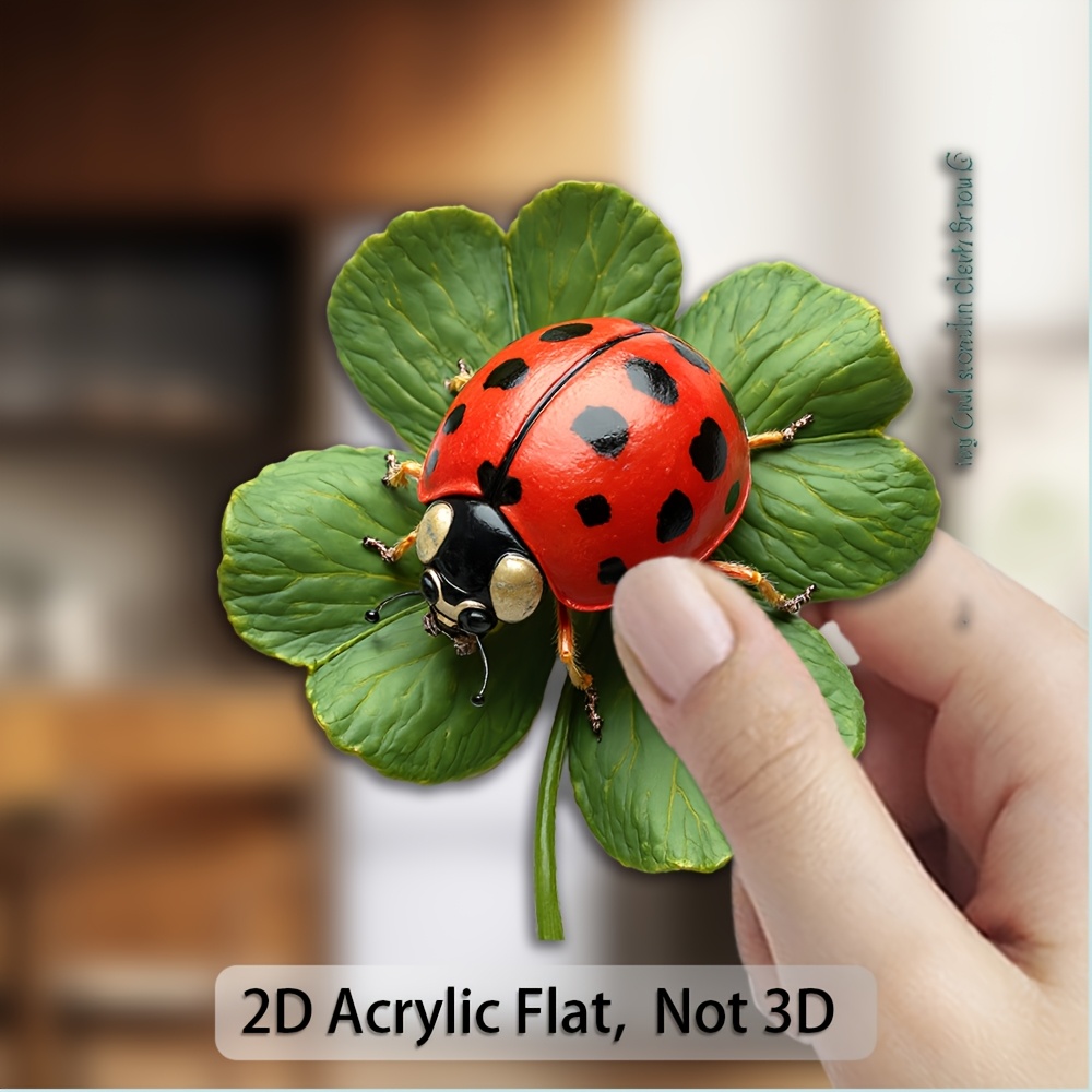 1 2d Flat Acrylic And Rubber Soft Magnet | Ladybug And Clover Charm - Delicate Metallic Red Insect On Vibrant Clover - Perfect For , 's Day And Good Luck