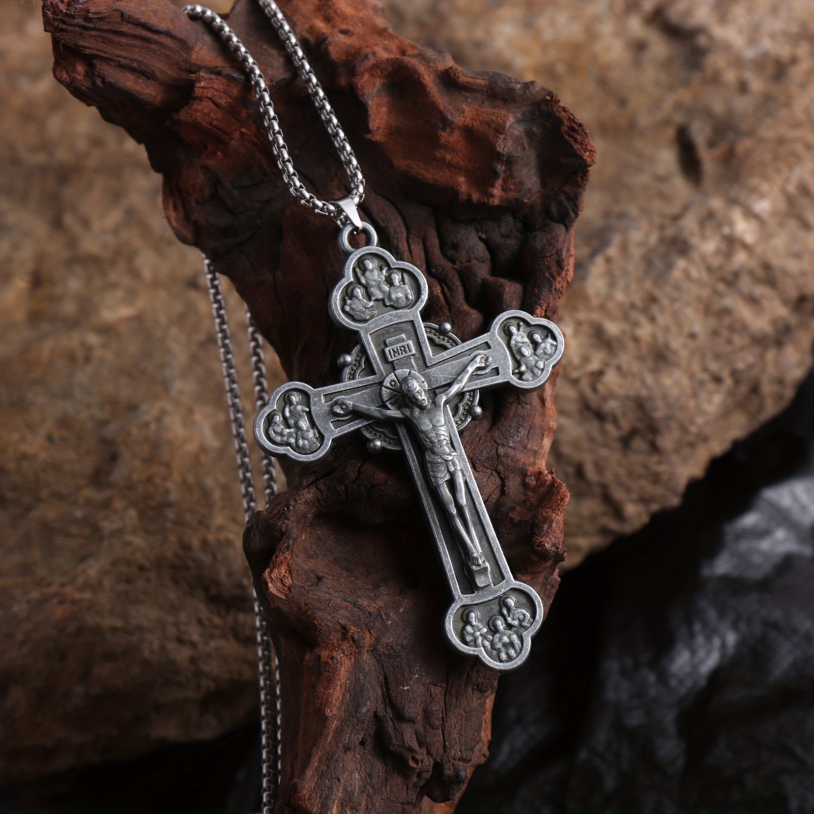 Men' Steel Necklace With A Teal Gray Cross Pendant, An Ideal Gift For Birthdays Or Christmas, Featuring Eagle Decorations And Party Additions